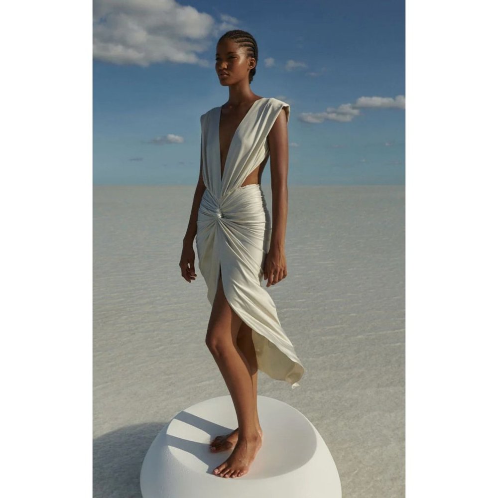 Baobab Mia Plunge V-Neck Gathered Midi Sheath Dress, NWT Ivory - Picture 3 of 16